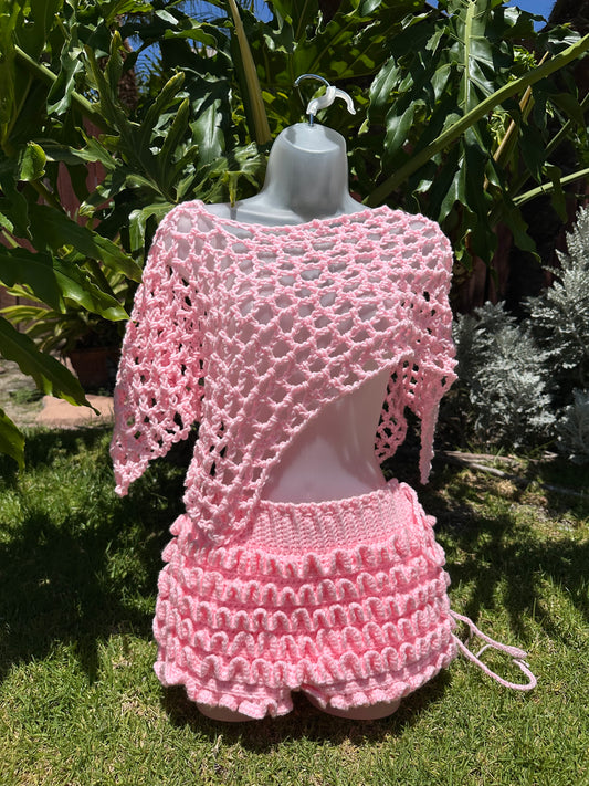 Pink Bloomer Shorts and Poncho Set